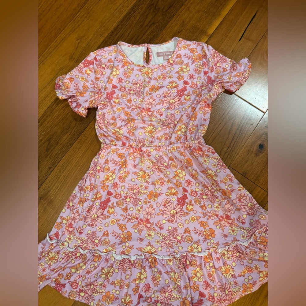 Girls Pink Floral Ruffle Hem Dress